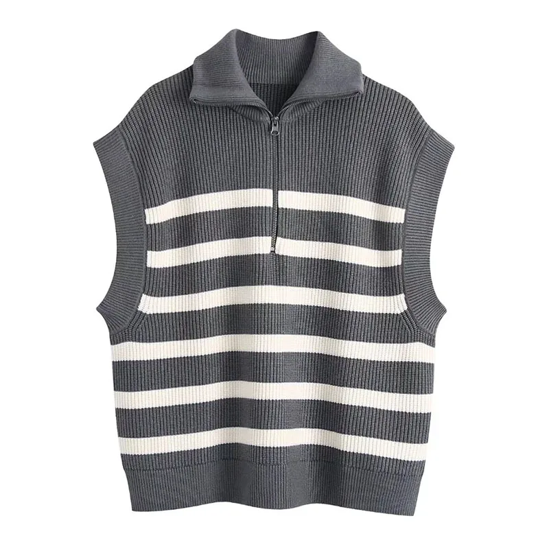 

Women Fashion Front Zip Loose Striped Knit Vest Sweater Vintage High Neck Sleeveless Female Waistcoat Chic Tops
