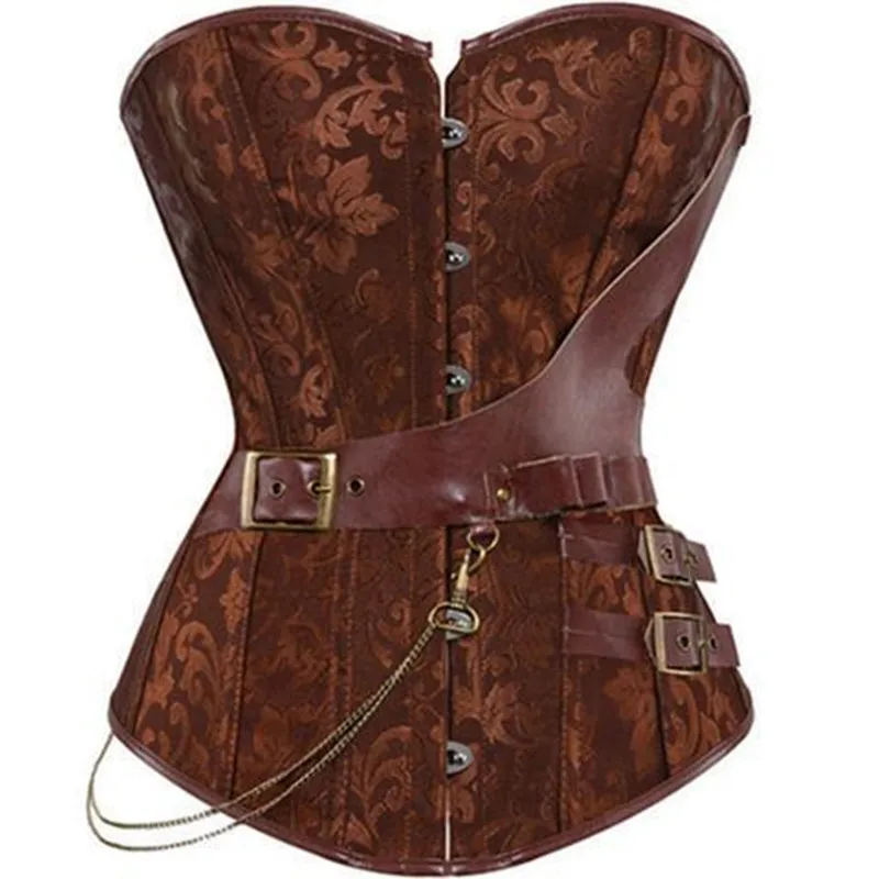

Steampunk Corsets And Bustiers Plus Size Black Brown Leather Corset Steel Bone Spiral Tops Chain Gothic Pirate Vintage