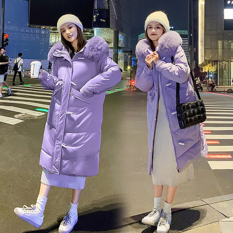2022 New Down Cotton Jacket Women's Long Korean Version of Loose and Thick Horn Button Wool Collar Cotton Jacket