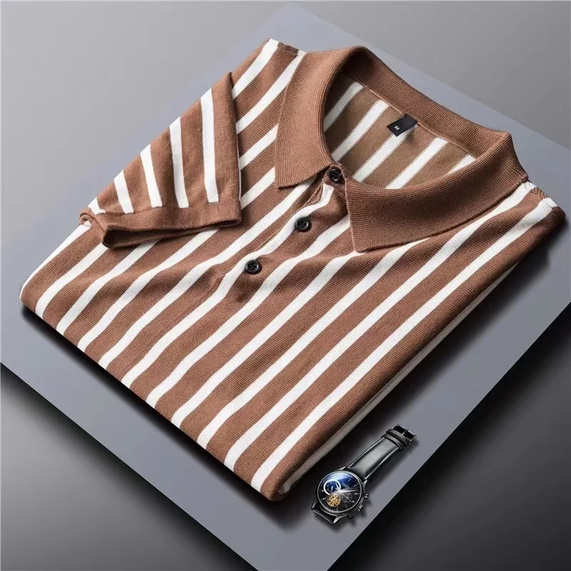 

2023 new knitted stripe color matching polo shirt men's summer trend slim fit high-end ice silk T-shirt Lapel short sleeve men's