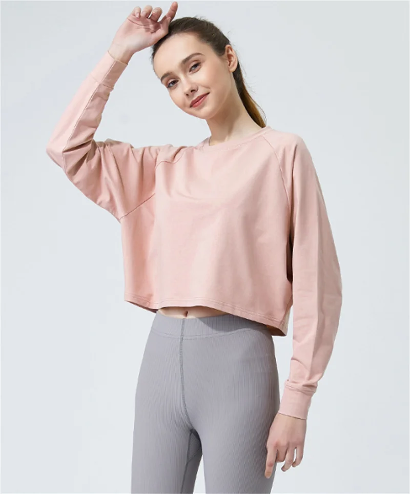 

Женская Весенняя Спортивная Свободная Толстовка с длинным рукавом, короткие рубашки для фитнеса, тренажерного зала, впитывающий пот дышащи...