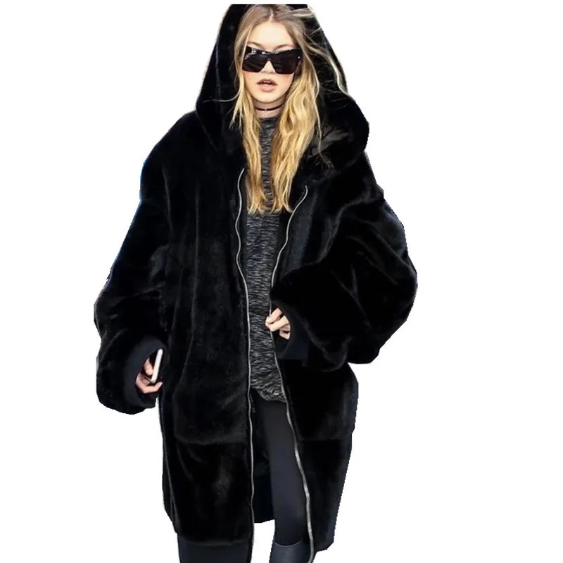 ICCLEK New Gigi star in winter the same imitation Rex rabbit hair thickened long hooded integrated wool coat fur coat