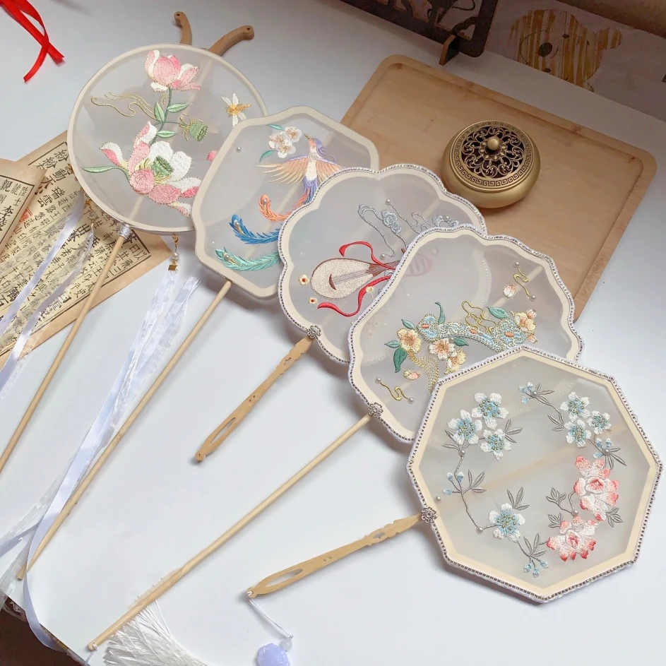 

2021 chinese ancient style long handle group fan tassel dance hanfu shooting decoration creative classical embroidered fan