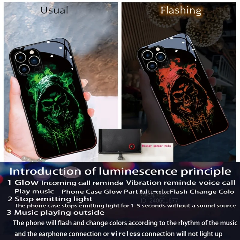 Фото Чехол с вспышкой Green Art Skull для Samsung Galaxy S25 Ultra S24 Plus S23 S22 S21 S20 FE A17 A16 A55 A54 Светодиодная противоударная задняя крышка №4