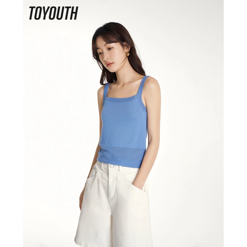 

Toyouth Women Knitted Vest 2023 Summer Sleeveless Square Neck Slim Stretch Tees Ice Cool Silk Patchwork Waffle Fabric Y2K Tops