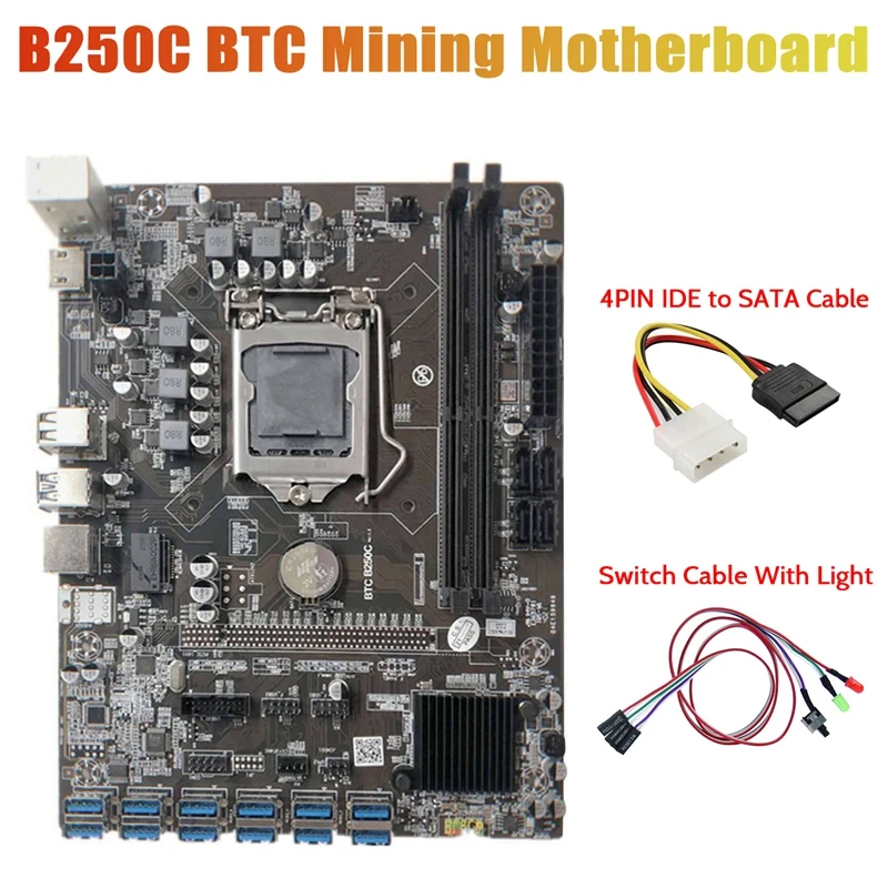 

B250C Miner Motherboard+Switch Cable with Light+4PIN IDE to SATA Cable 12 PCIE to USB3.0 GPU Slot LGA1151 Support DDR4