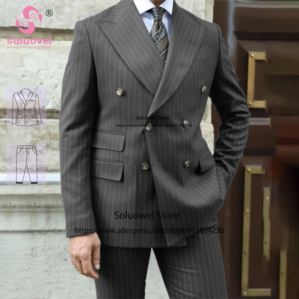 

Luxury Handmade Pinstriped Suits For Men Slim Fit Groom Wedding 2 Piece Pants Set Dinner Double Breasted Tuxedo Blazer Masculino