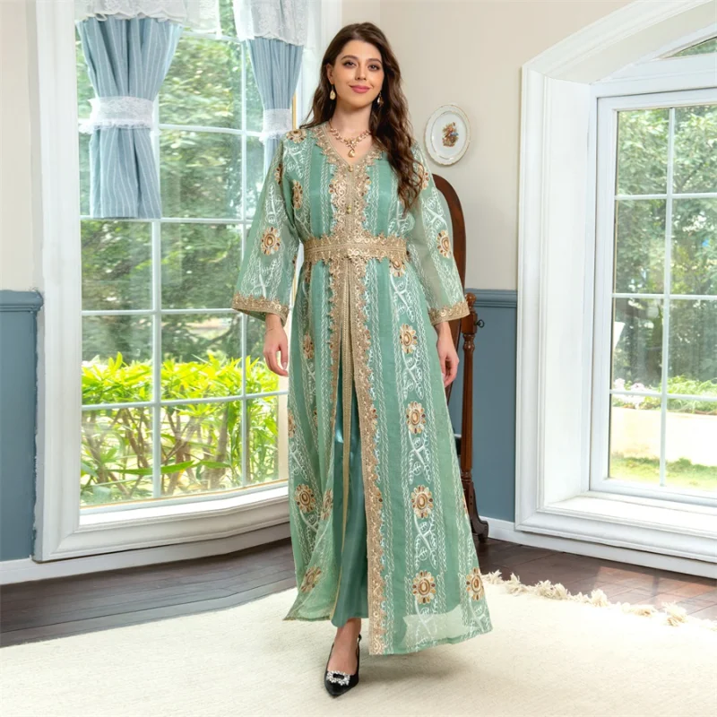 Gorgeous Party Evening Dresses for Women Corban Eid Al Adha New Moroccan Caftan Dubai Mesh Embroidery Lace Gold Tape Trim Abaya