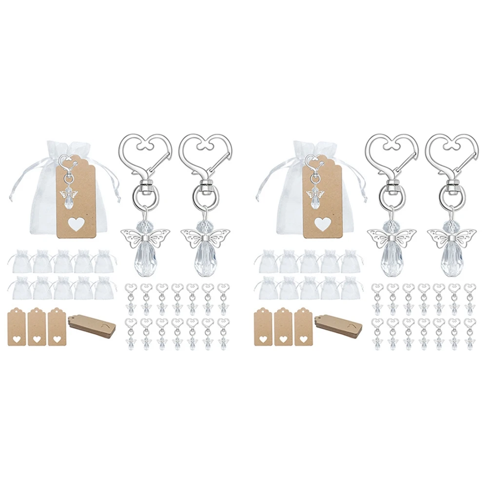 

60 Pcs Angel Keychain Souvenir Wedding Gifts Baby Shower Favor Gifts Set with Tag Drawstring Candy Bag