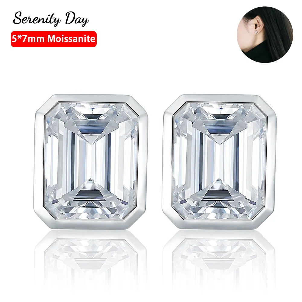 

Serenty Day S925 Sterling Silver Plate Pt950 Stud Ear Inlaid D Color 5*7mm Emerald Cut Moissanite Earring For Women Fine Jewelry