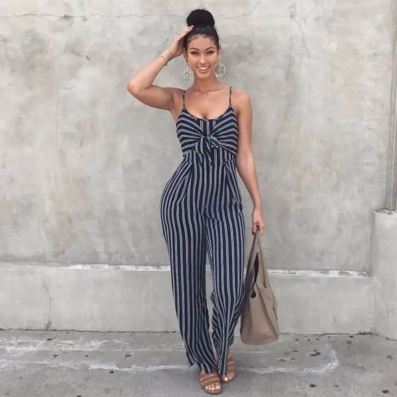 

Vrouwen Clubwear Romper Gestreepte Jumpsuit Vrouwen Sexy Bodycon Backless Party Clubwear Jumpsuit Casual Boog Overalls Playsuits