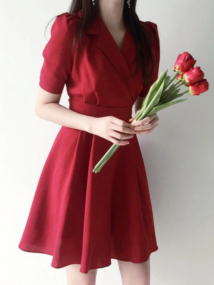 

A Line Dresses Summer Women Korean Japan Preppy Style Clothes Bow Tie V Neck Pink Red Party Floral Print Vintage Dress 5010