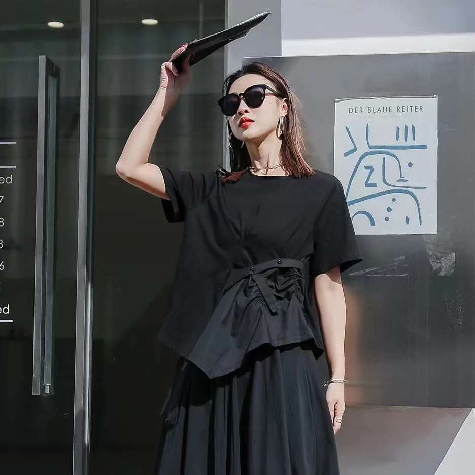 

SuperAen 2022 Summer New Solid O Neck Short-sleeved T-shirt Asymmetrical All Match Women Tops