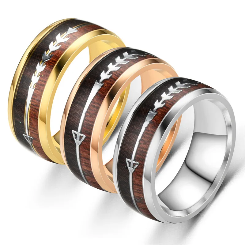 

Stainless Steel Fashion Ring Jewelry Wood Grain Arrow Titanium Steel Retro Ring For Men Gift Accessories