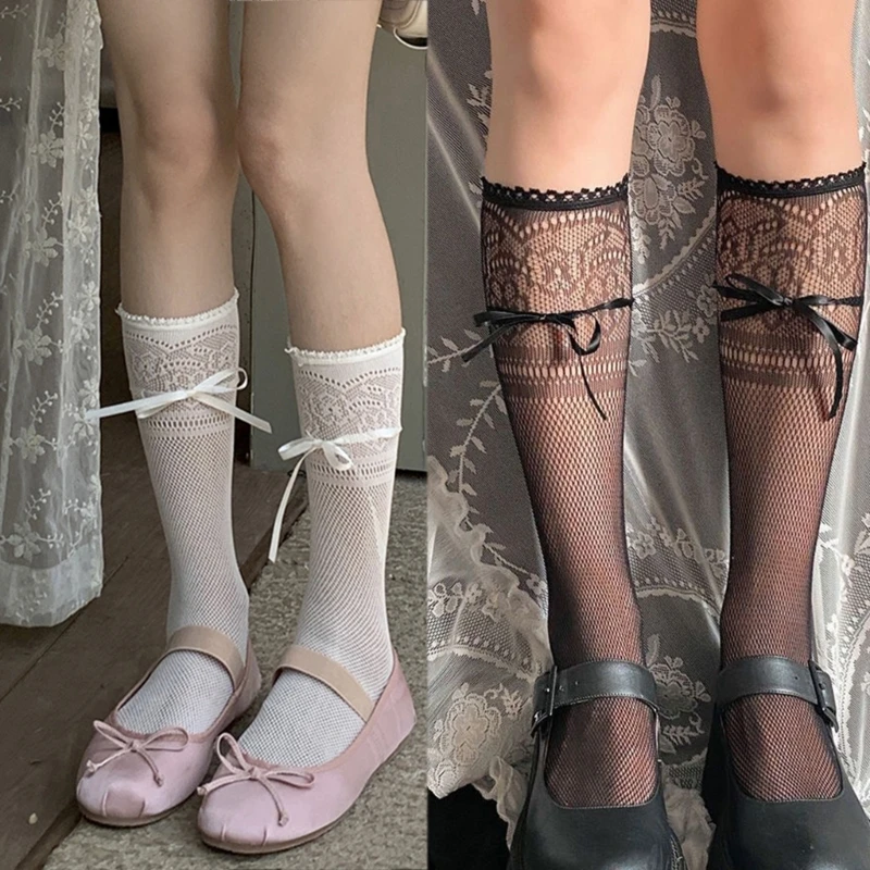 

Женские прозрачные длинные носки с милым бантом, милые ажурные Цветочные кружевные чулки в японском стиле для студентов средней длины T8NB