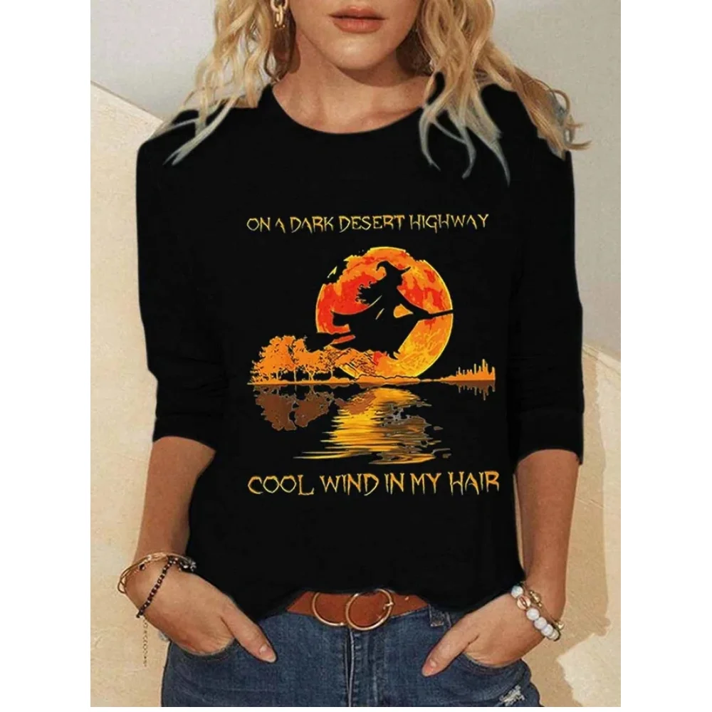

Halloween Print Women's T-shirt Text Pattern Long Sleeve Cool Tops Autumn New Round Neck Pullover Hot Sale Casual Ladies Clothes