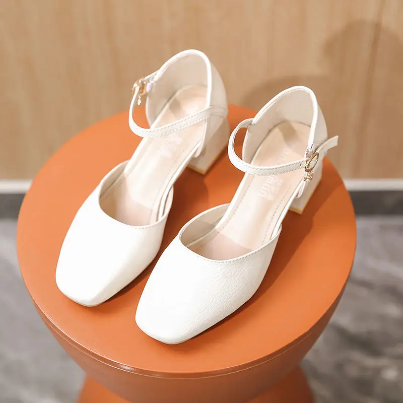

French Style Black Leather Court Shoes For Women Plain Mary Jane Heels Ladies Office Work Shoes Block Heel Pumps Woman Sandals