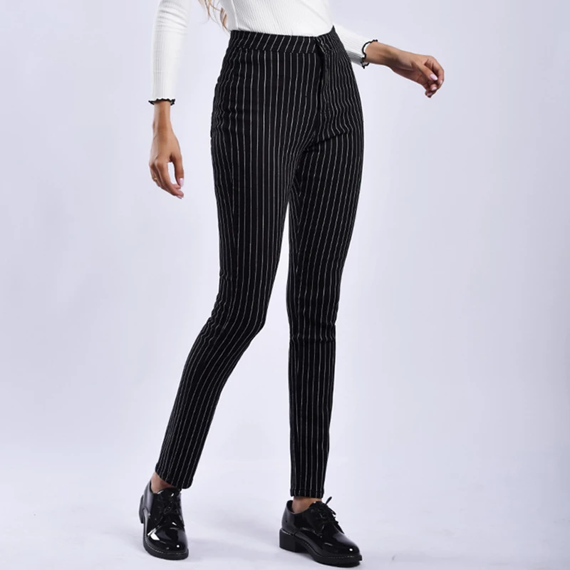 

Женские джинсы в черную полоску, весенние брюки-карандаш из денима с высокой талией, эластичные облегающие Шикарные Длинные брюки в европей...