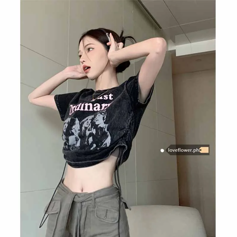 

Korean style fashion loose retro slim print short-sleeved T-shirt women