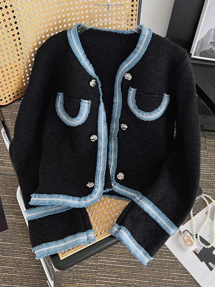 

vKnitted Patchwork Design Loose Harajuku Cardigan Outer 2022 Autumn Winter V-neck Knitwear Female Sweater Single Breasted Chic