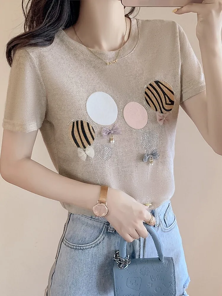 Женская хлопковая футболка 2024 блестящая со стразами и коротким рукавом женские