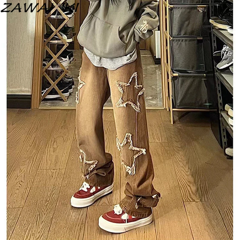 

American Retro Brown Star Graphic Patchwork Solid Color Jeans Designed Loose Wide Leg Straight High Waist Harajuku Streetwear