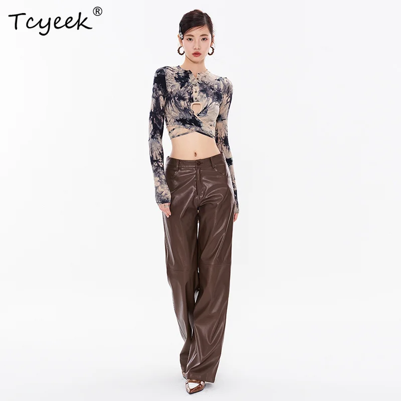 Женские прямые брюки из натуральной кожи Свободные повседневные с прямыми