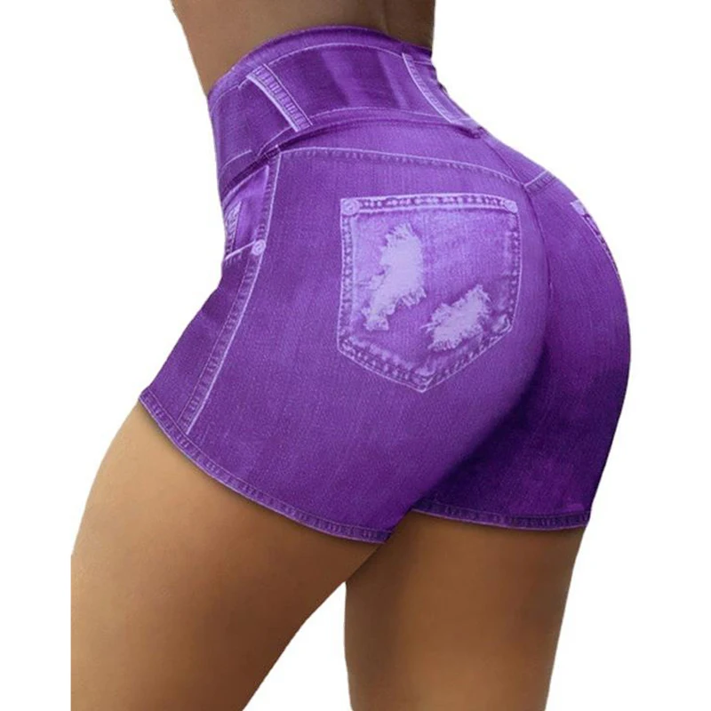 New Summer Fake Jean Booty Shorts Women Elastic Waist Sport Running Black Shorts Pantalones cortos de mujer Print Woman Clothing