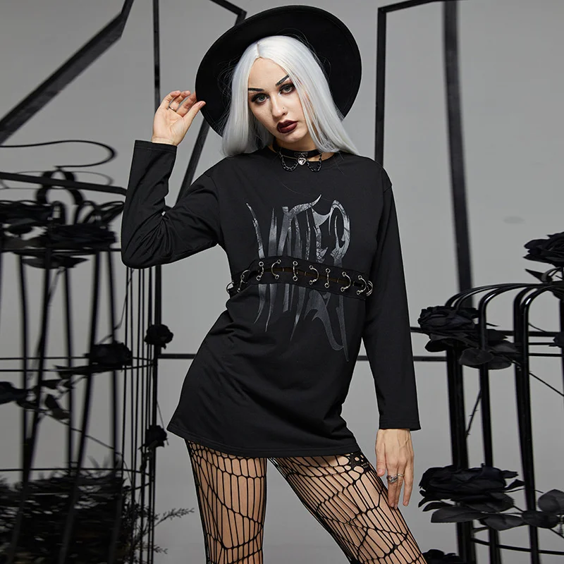 

Rosetic New Fashion Women Long Sleeve T-shirt Letter Printing Patchwork Round Neck Slim Pullover Gothic Style Lady Fall T-shirt