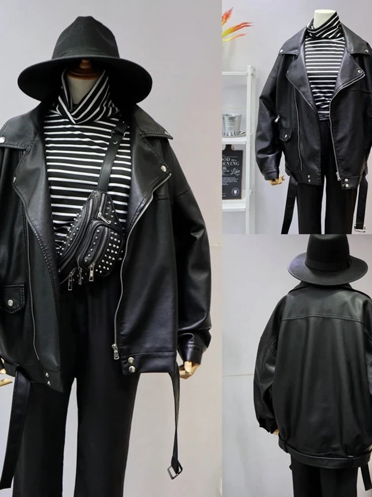 Sungtin Women Loose Pu Leather Jacket Black Soft Faux Leather Jacket Street Moto Biker Leather Coat Jacket Lady Casual Outerwear