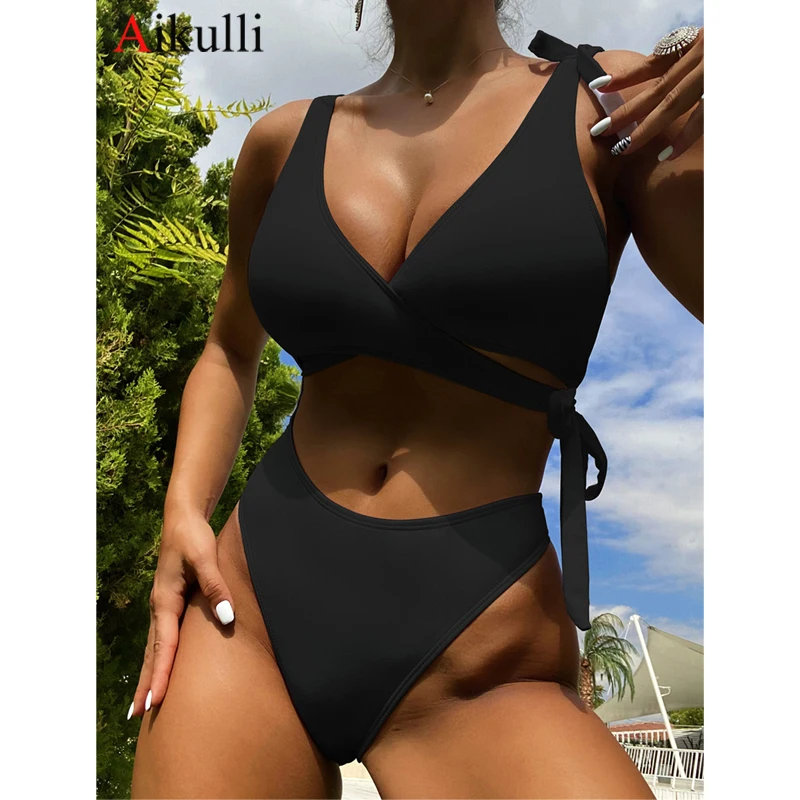 

Sexy Hollow out One piece Swimsuits Women's Black V-Neck Swimwear 2023 Summer Beach Wear For Women Bather Swimming Bathing Suits