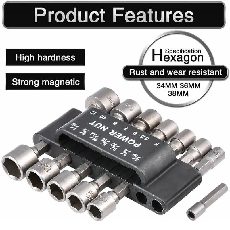5mm-12mm impact Socket Nut Driver Screwdriver 1/4” Hex Key Set Drill Bit Adapter for Power Drills Impact Drivers Socket Kit