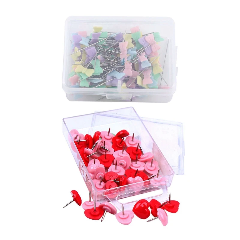 

150 Pcs Pins: 100Pcs Sewing Patchwork Pins Flower Head Pins & 50 Pcs Heart Push Pins, Red Bulletin Boards Thumb Tacks