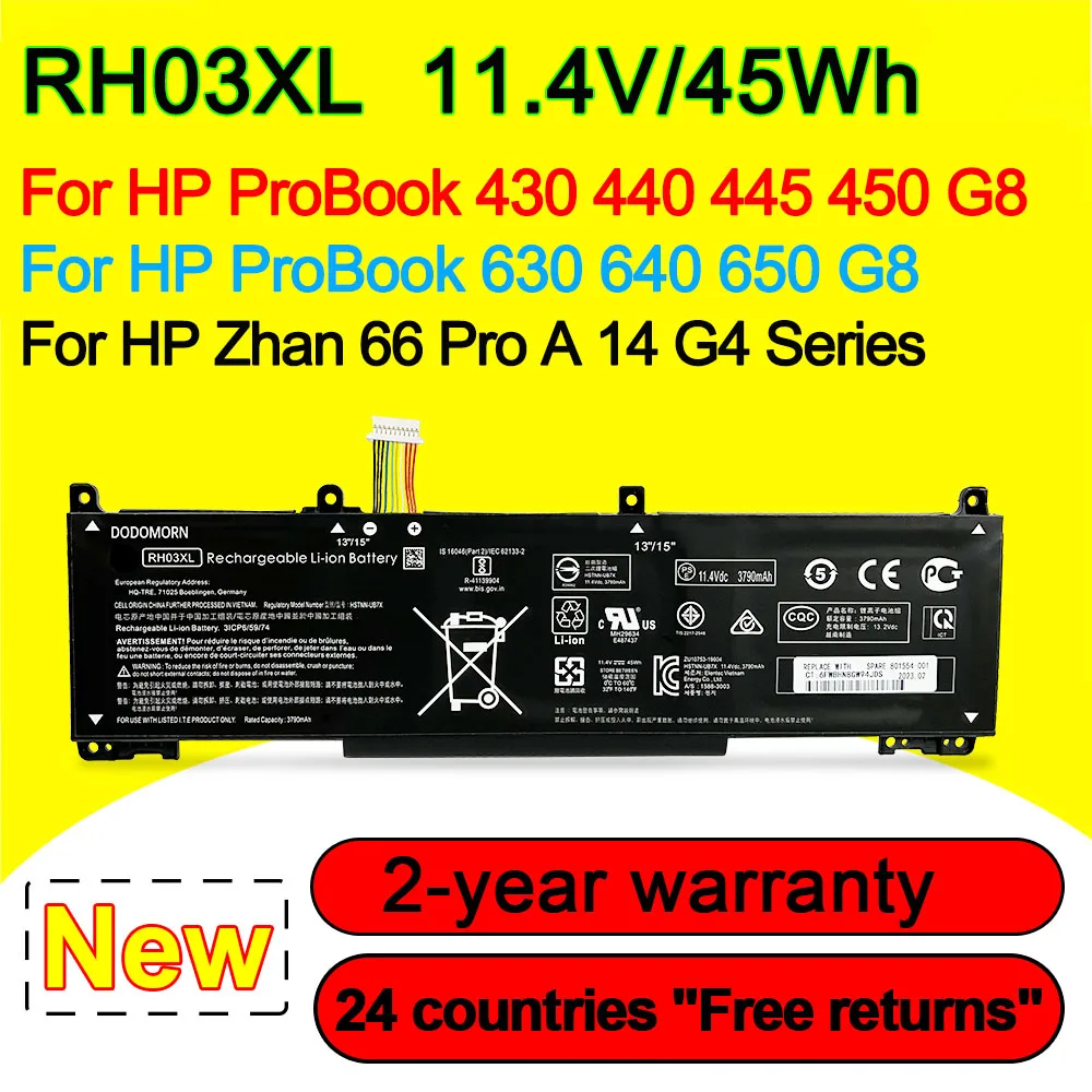 

11.4V 45Wh RH03XL Laptop Battery For HP ProBook 430 440 445 450 630 640 650 G8 Zhan 66 Pro A 14 G4 Series HSTNN-IB9P 3ICP6/59/74
