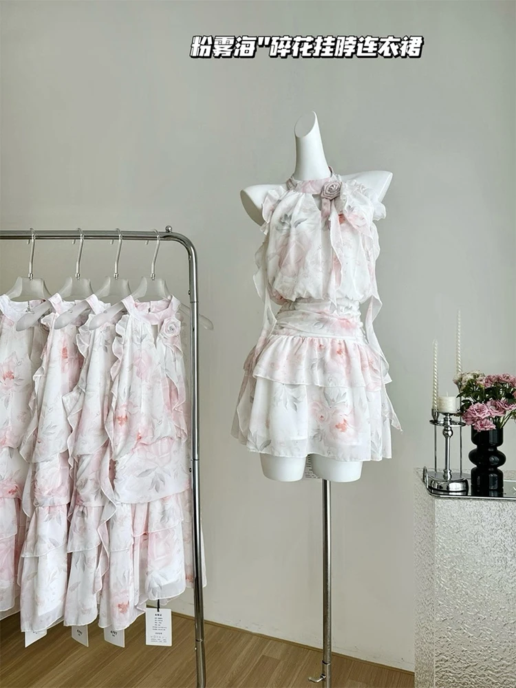 Женское винтажное платье-трапеция без рукавов розовое платье-мини с цветочным