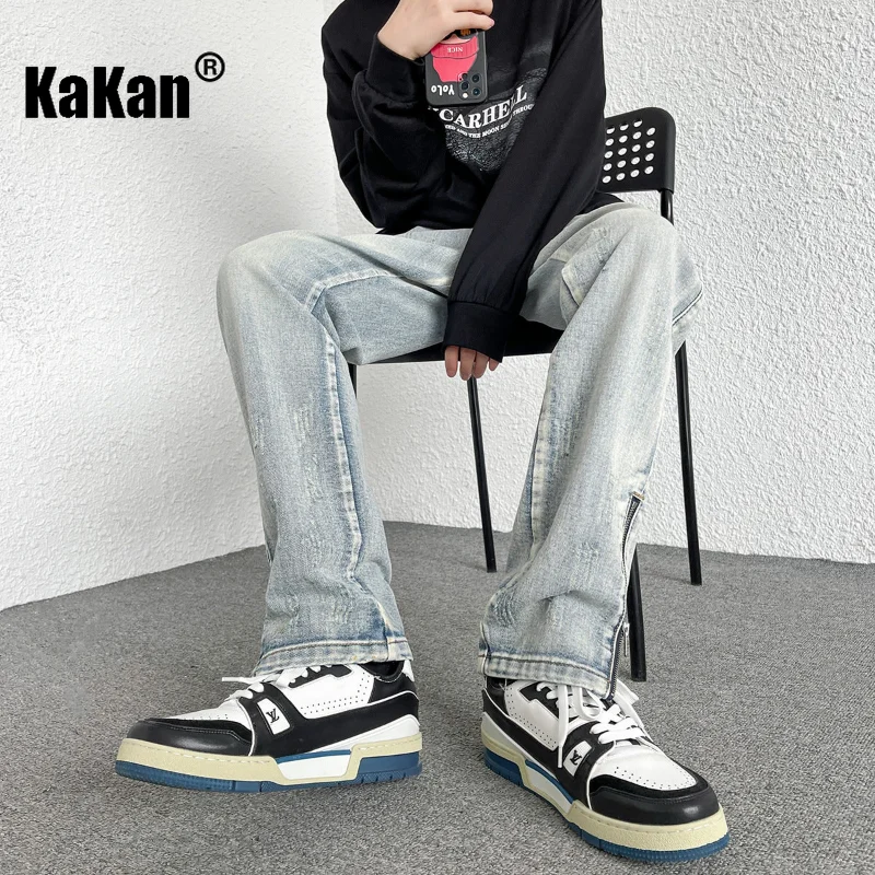 Kakan - New Side Split Street Jeans, Zippered Men's Buckle Straight Conduit Long Jeans K29-N693