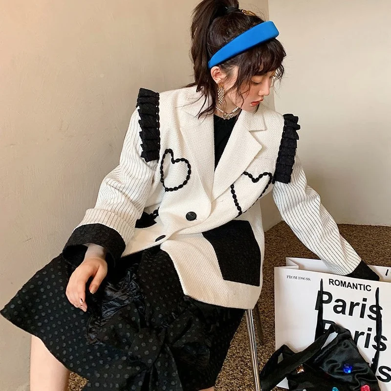 

Contrast Patchwork Notched Love Cardigan Long White Tweed Suit Coat Casual 2022 Fall Striped Jacket Women Ruffles Blazers