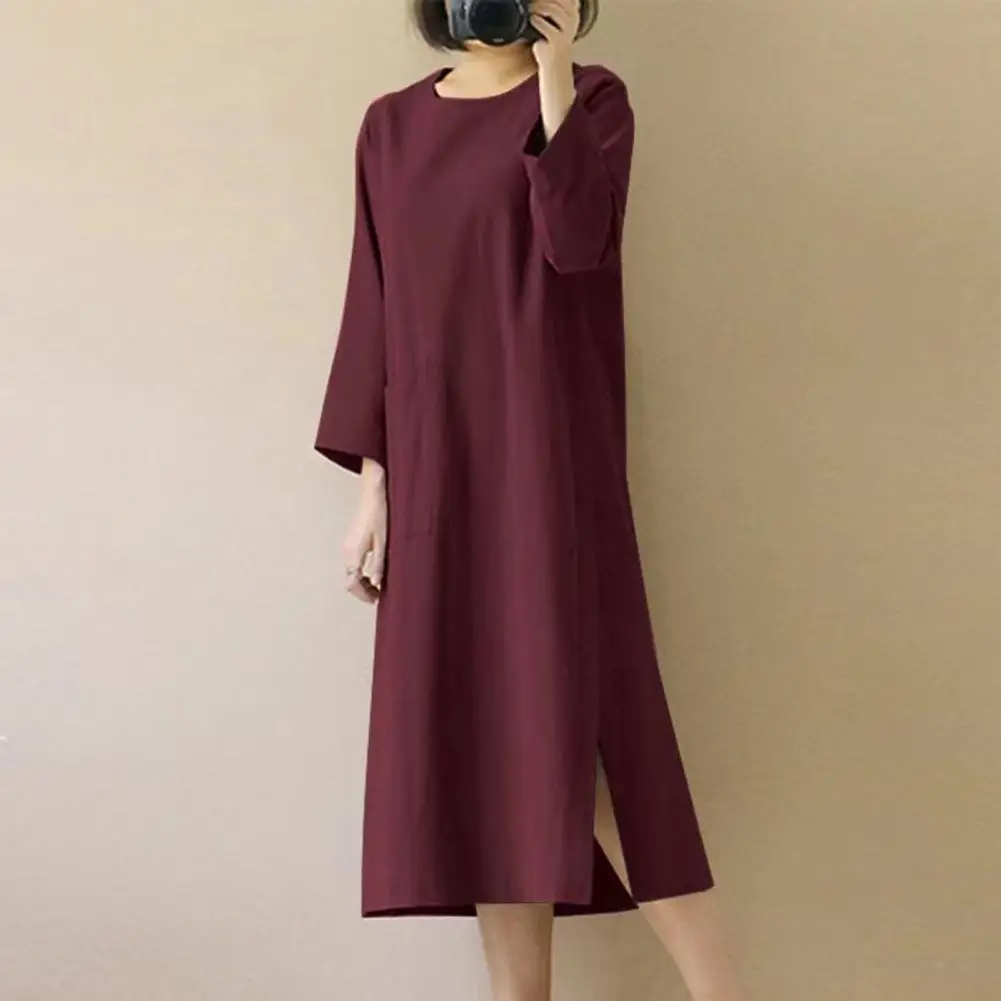 

Женское платье с круглым вырезом и одним карманом, свободное летнее платье средней длины с длинным рукавом в стиле ретро, повседневная женс...