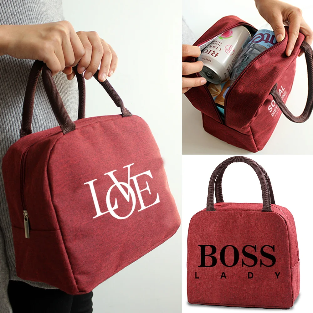 

Text Print Lunch Bag Fresh Cooler Box Bags Canvas Women Convenient Zipper Dinner Bags Portable Lunch Box Tote Food Bags Handbags