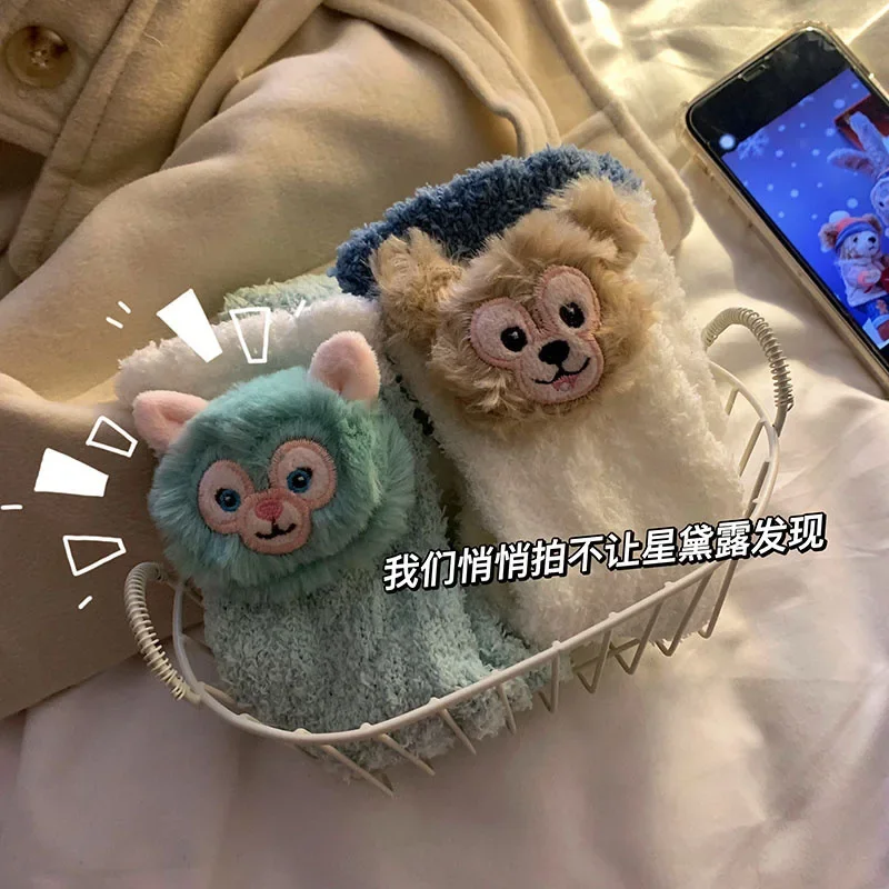 Новые кавайные носки среднего размера из кораллового флиса Disney Stellalou Duffy Bear