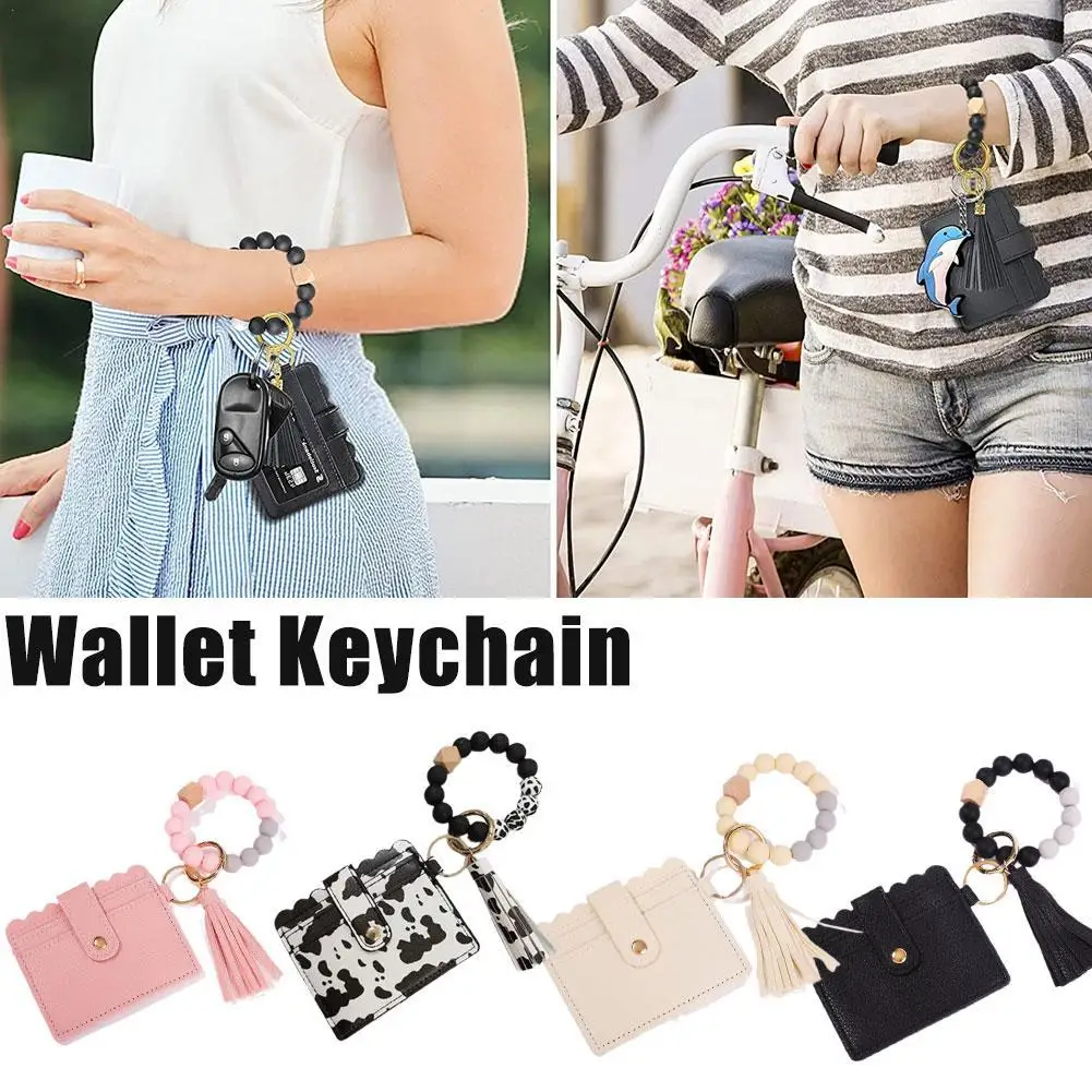 

Wristlet Keychain Silicone Beaded Bracelet Leather Tassel Wallet Bangle Car Key Ring Card Holder for Women Girls