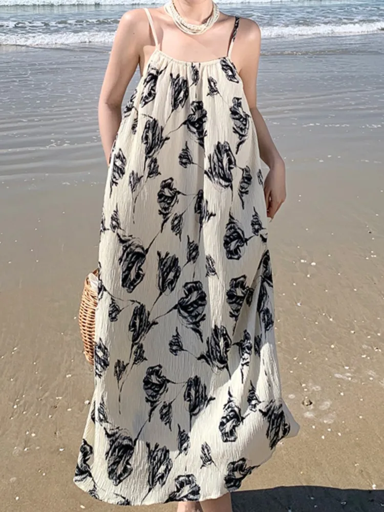 

Платье женское средней длины с цветочным принтом, элегантный свободный сарафан без рукавов, пляжная одежда для отдыха, верхняя одежда с отк...