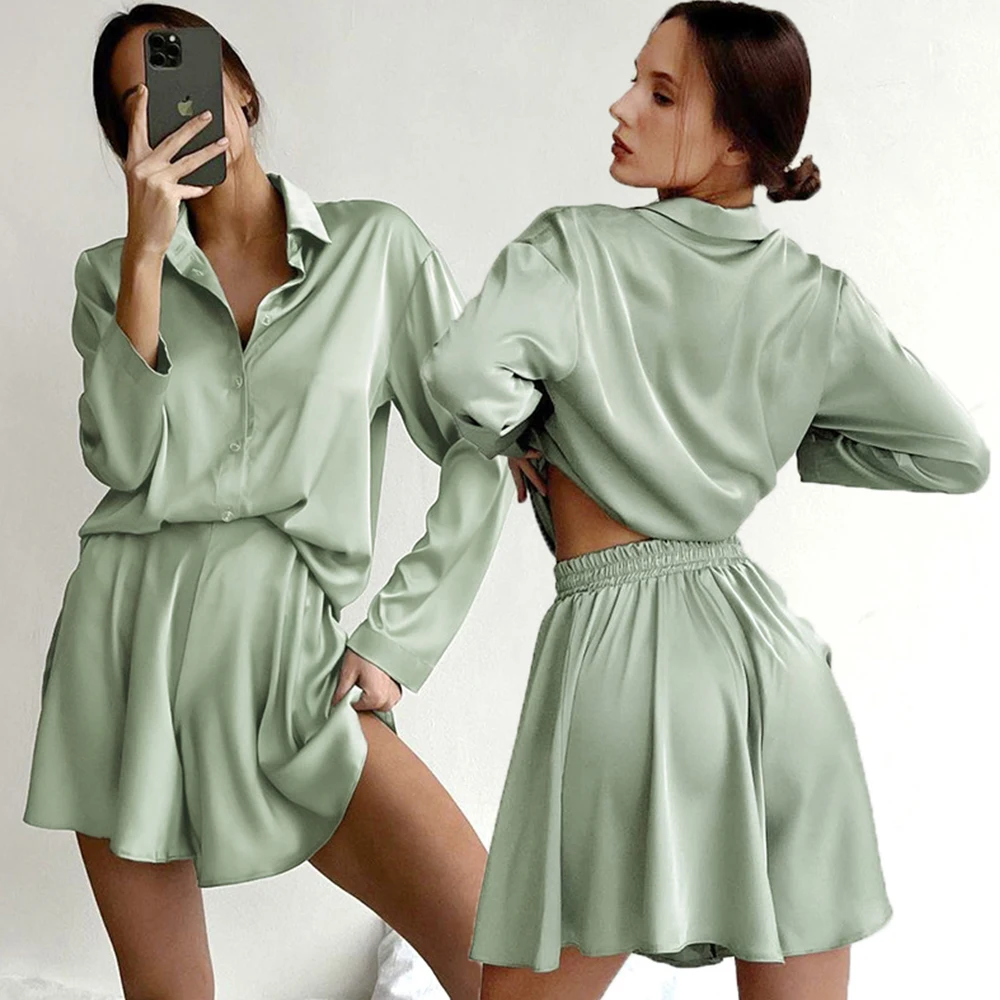 

2 шт., женские комплекты одежды для сна, рубашка с длинным рукавом и шорты