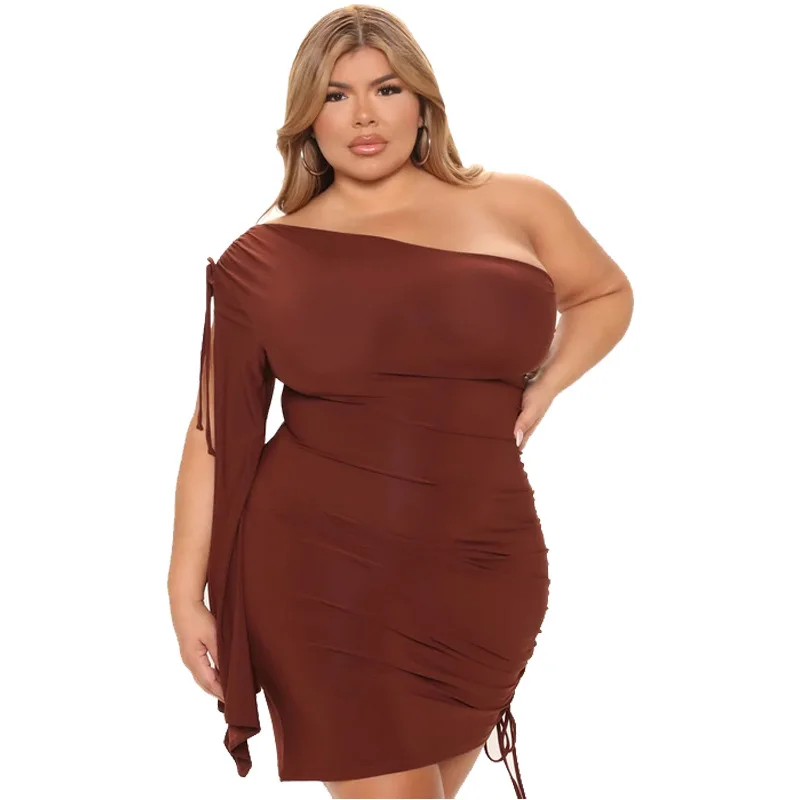 

4xl 5xl Plus Size Women Dress One Shoulder Sleeve Drawstring Party Dress Red Mini Bodycon Sexy Vestido Summer Outfit Big Size