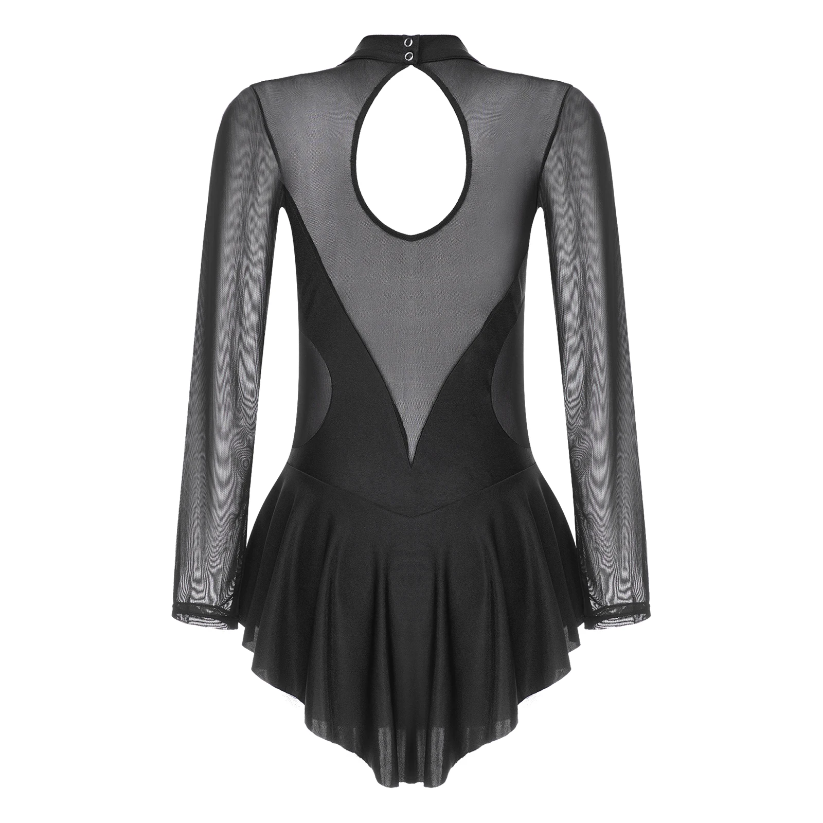 Women's Sparkling Rhinestone Figure Skating Dance Dress Sheer Mesh Long Sleeve Cutout Back Latin Dance Leotard Dresses Dancewear