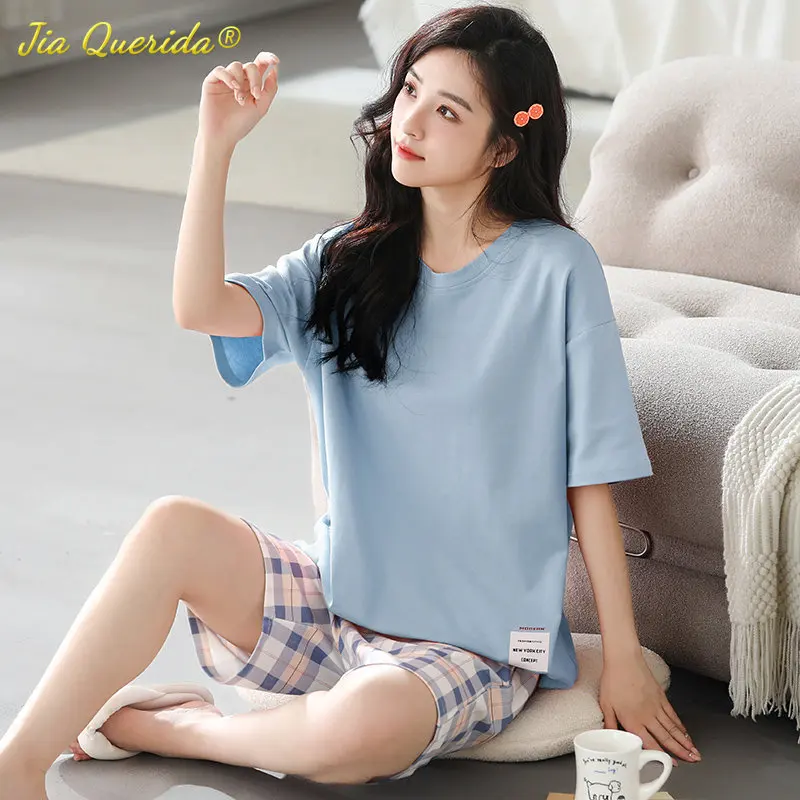 

New Summer Women Pajamas Blue Short Sleeved Double Pocket Shorts Pyjamas Round Collar Plaid Shorts Home Suit Kawaii Sleepwear