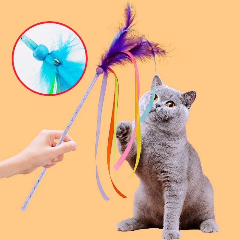 Фото Игрушки для кошек Перья Интерактивная игрушка для кошек Кисточка Кошки Тизер Перо Кисточка Игрушки для котят с колокольчиком Длинная ручка Игрушка для кошек Товары для домашних животных №1