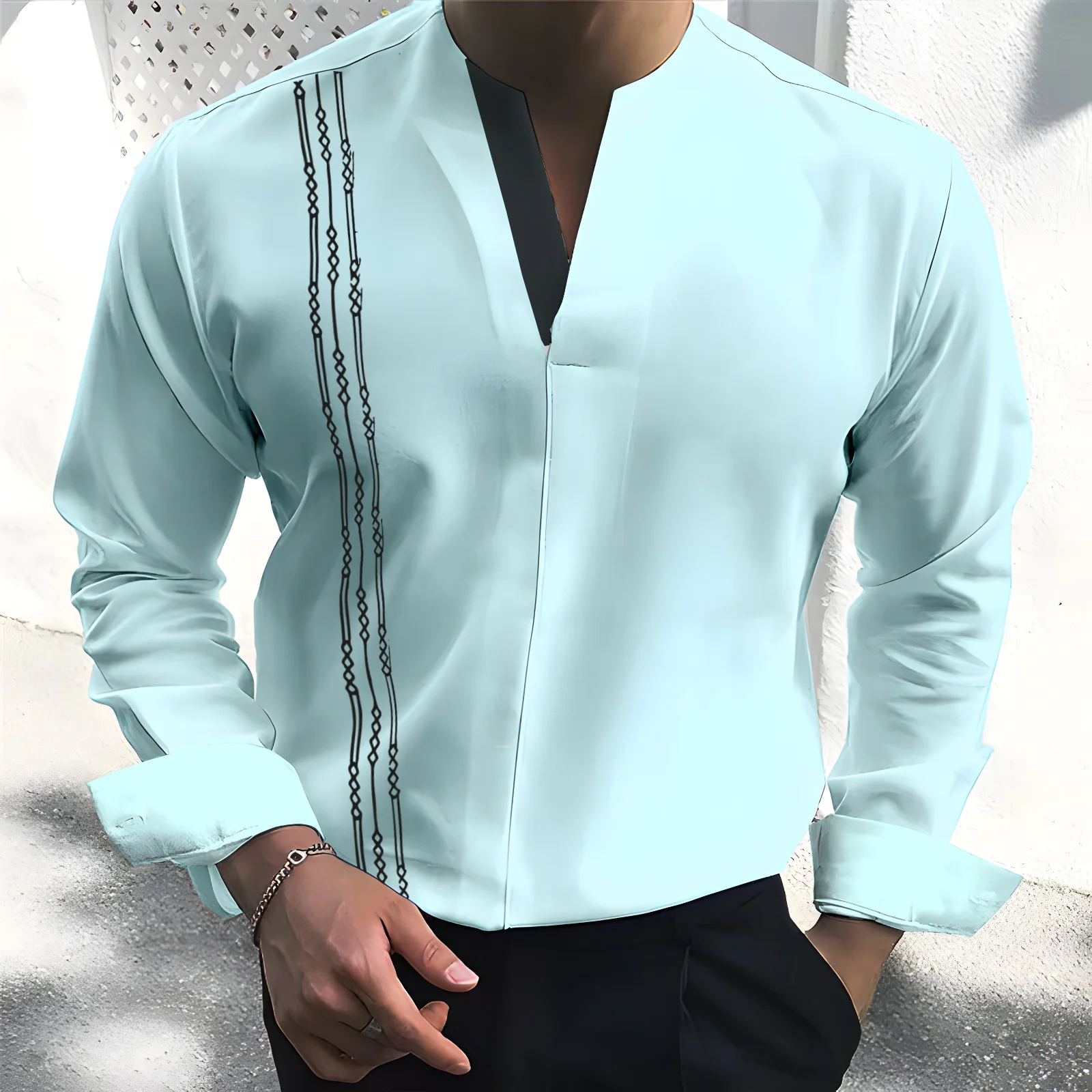 

Рубашка мужская с V-образным вырезом, модная сорочка в стиле смарт-кэжуал, Топ с длинным рукавом, Свободный пуловер, уличная одежда, Однотонная футболка, весна-лето