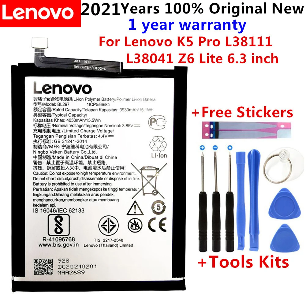 

100% Original High Quality 4050mAh BL297 battery for Lenovo K5 Pro L38111 L38041 Z6 Lite 6.3 inch Cell Phone batteries +Tools