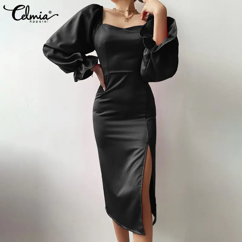 

Celmia Women Elegant Sexy Dress Split Hem Square Collar Puff Sleeve Satin Long Dresses Solid Pleated Fashion Party Midi Vestidos